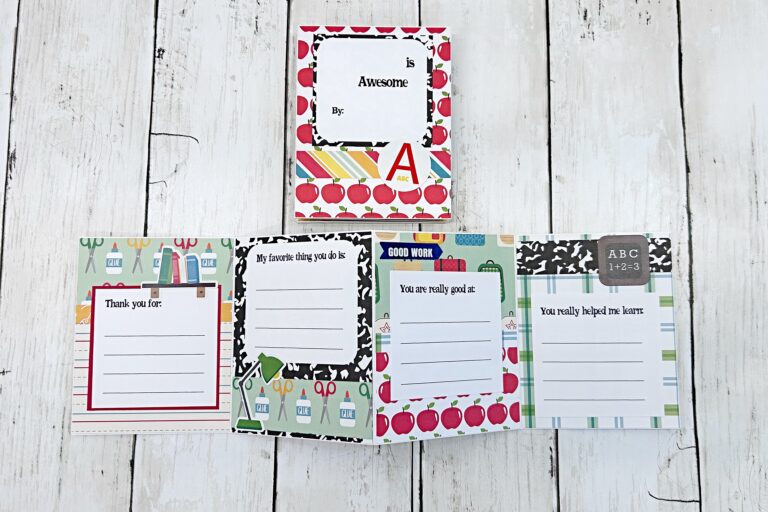 teacher thank you accordion card with prompts for student to write about the teacher and school year