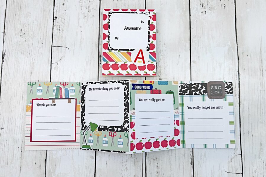 teacher thank you accordion card with prompts for student to write about the teacher and school year
